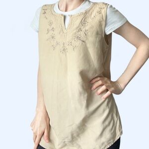 Carroll Reed Womens Cream Embellished Sleeveless Linen Boho Blouse Medium